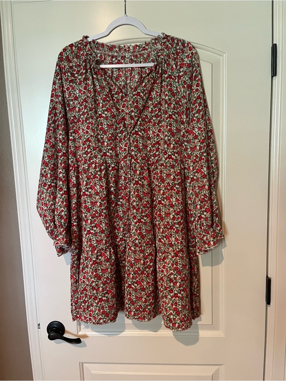 Floral Smocked Yoke Tunic Dress - Red/Cream